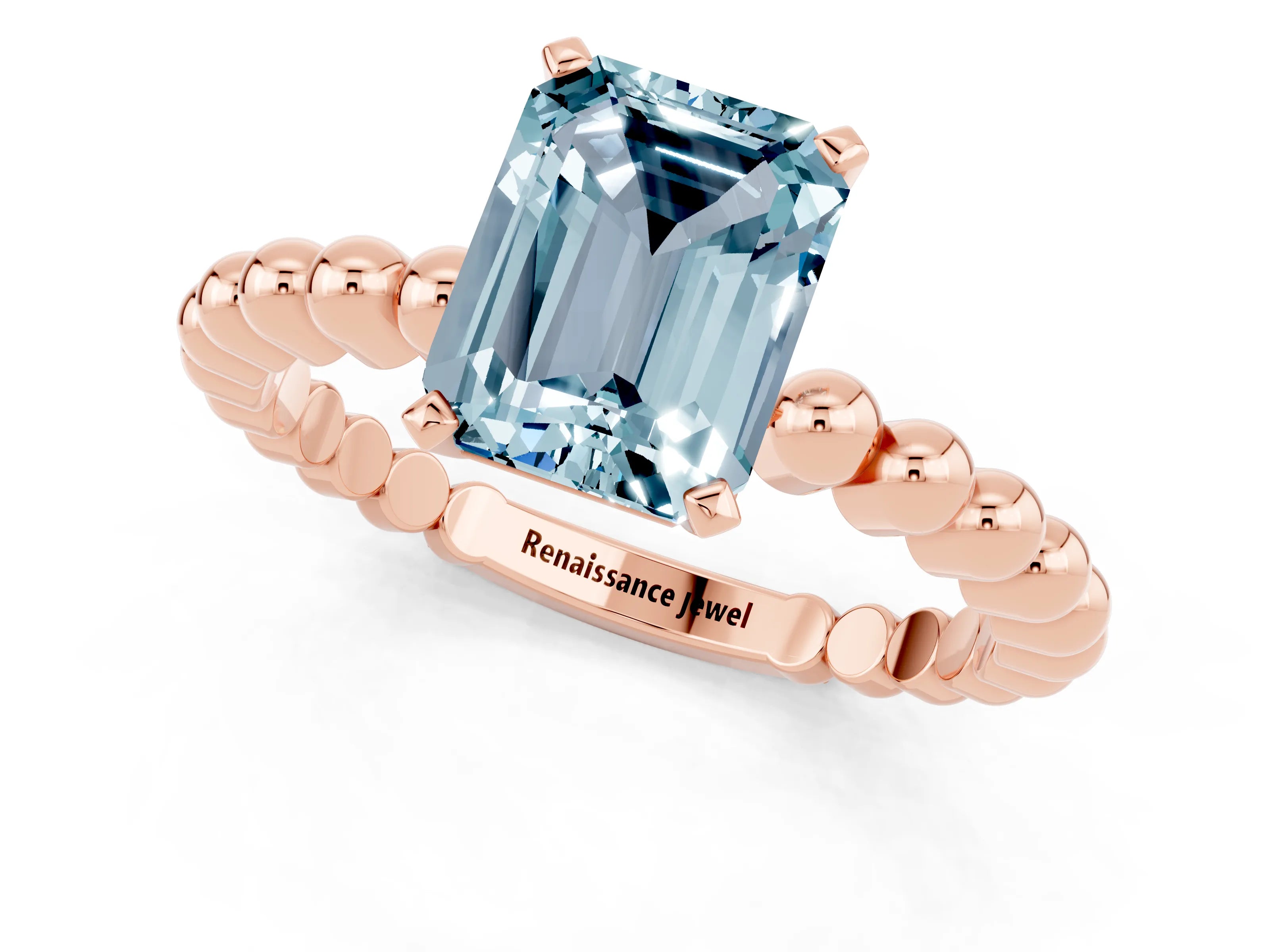 Rose gold Emerald Cut Aquamarine Solitaire Ring with Beaded Band and Prong Setting_1