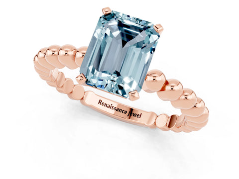 Rose gold Emerald Cut Aquamarine Solitaire Ring with Beaded Band and Prong Setting_1
