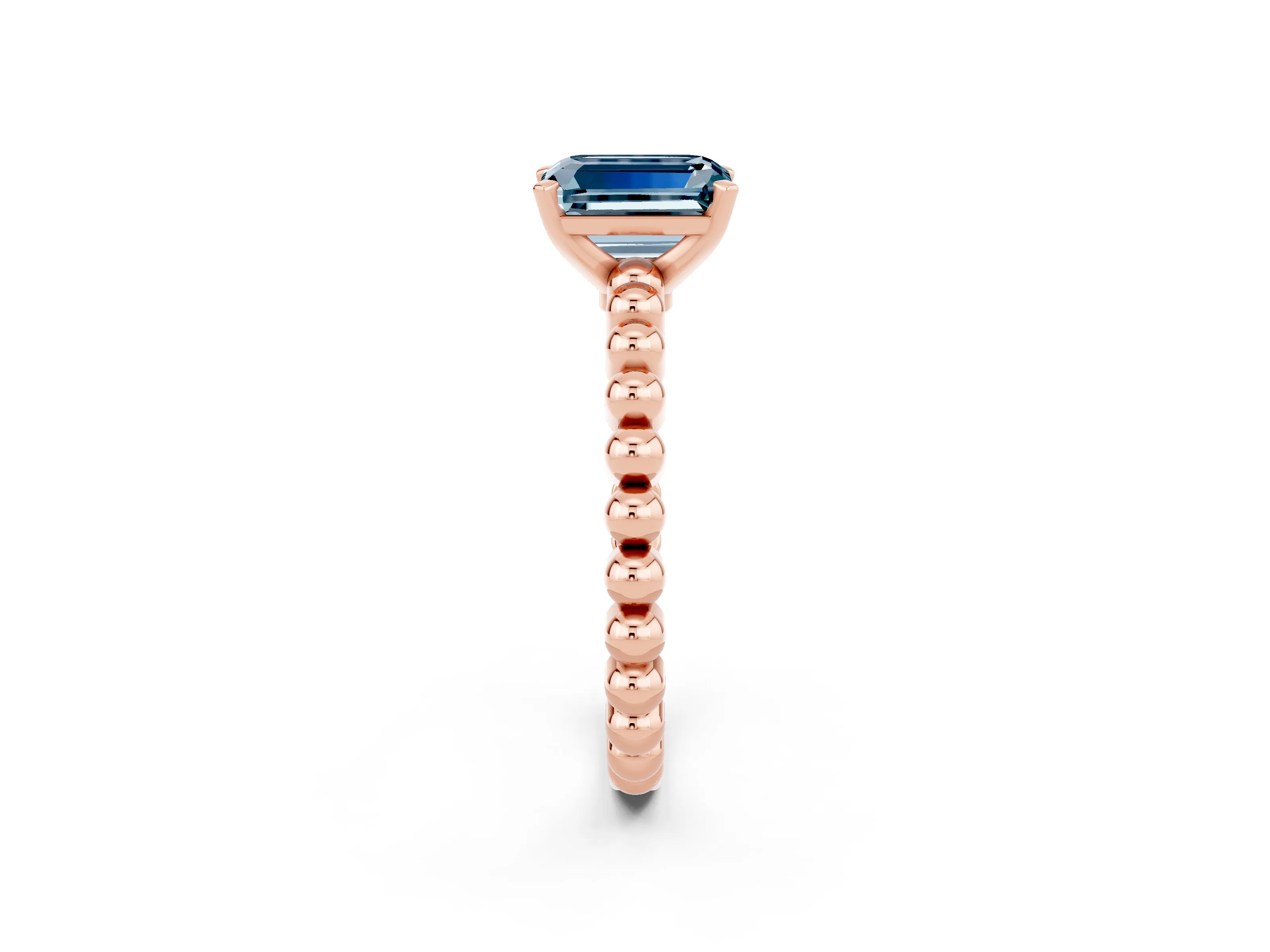 Rose gold Emerald Cut Aquamarine Solitaire Ring with Beaded Band and Prong Setting_2