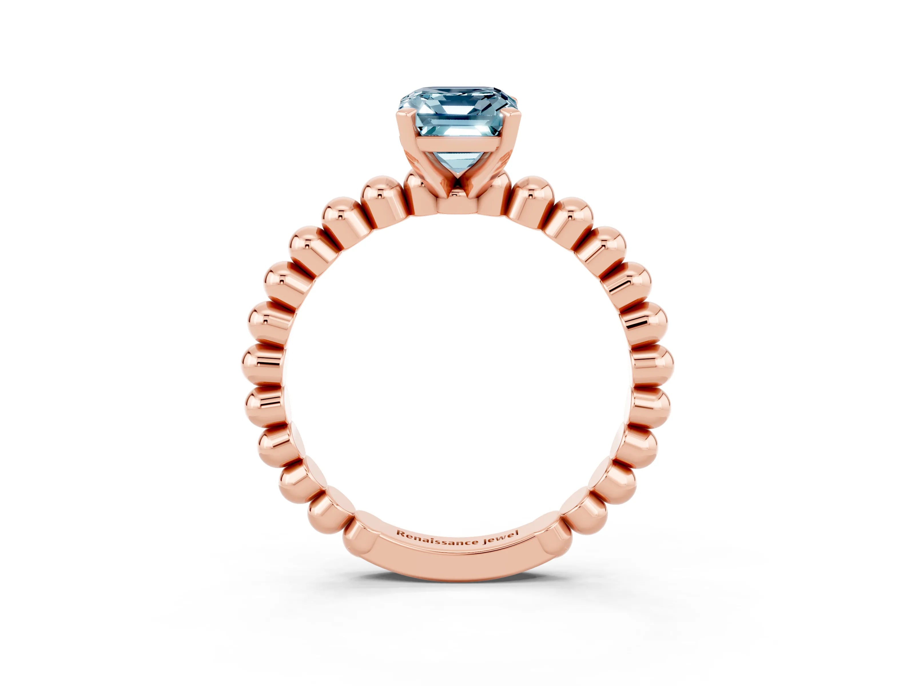 Rose gold Emerald Cut Aquamarine Solitaire Ring with Beaded Band and Prong Setting_3