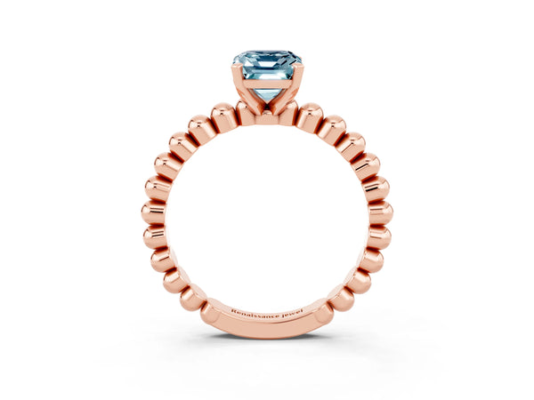 Rose gold Emerald Cut Aquamarine Solitaire Ring with Beaded Band and Prong Setting