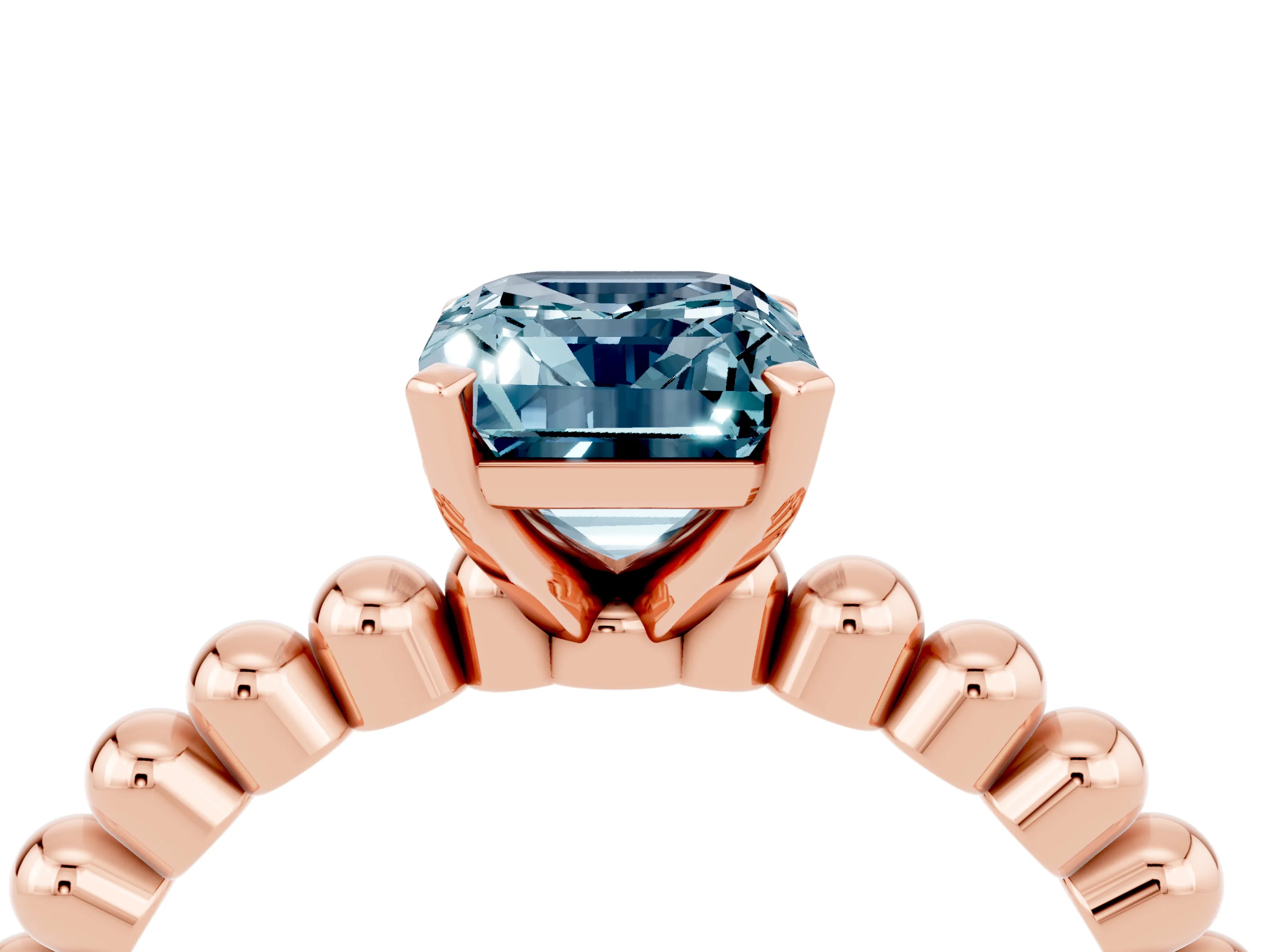 Rose gold Emerald Cut Aquamarine Solitaire Ring with Beaded Band and Prong Setting_4