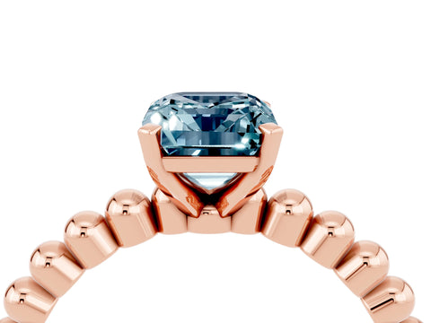 Rose gold Emerald Cut Aquamarine Solitaire Ring with Beaded Band and Prong Setting_4