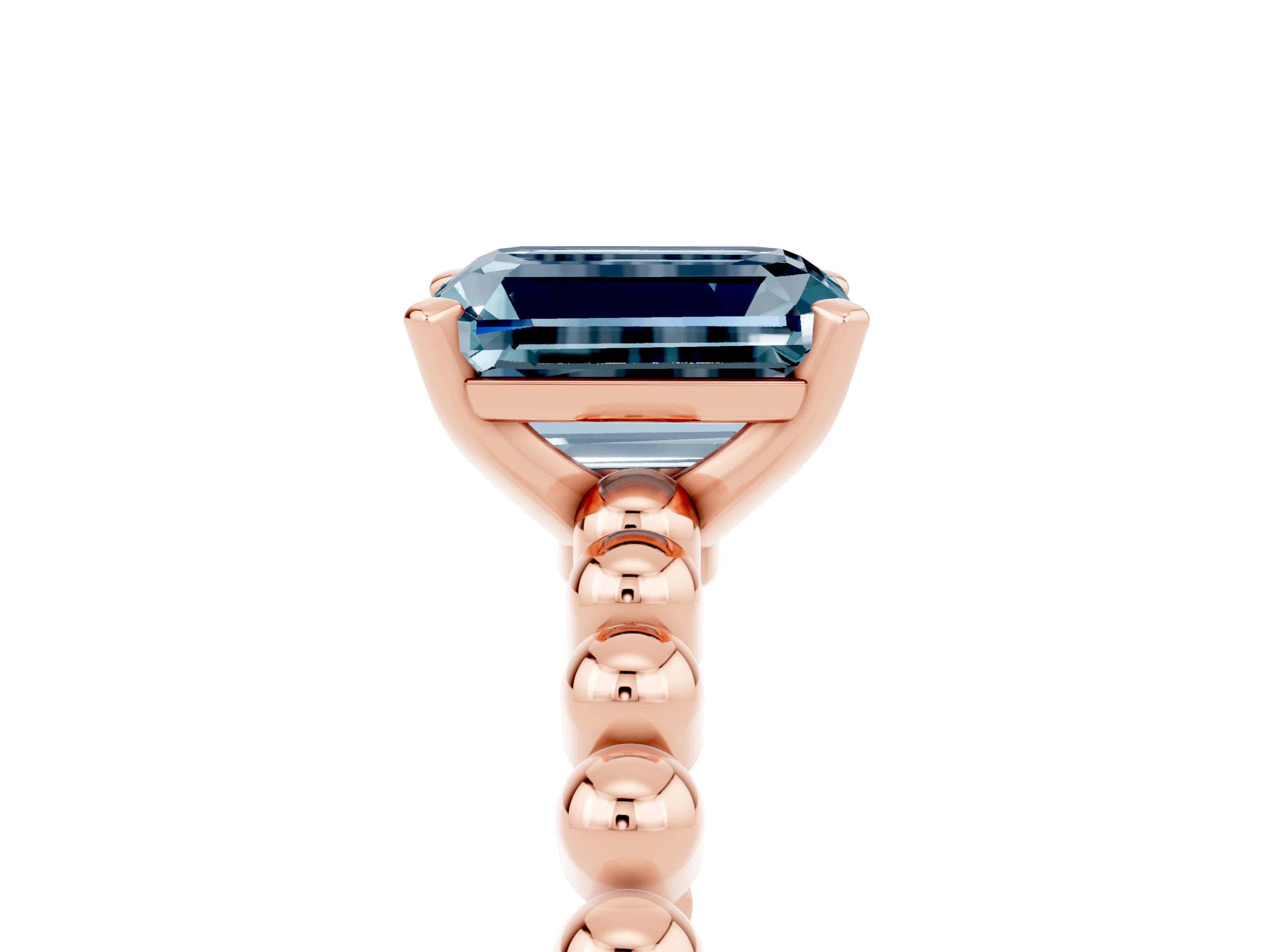 Rose gold Emerald Cut Aquamarine Solitaire Ring with Beaded Band and Prong Setting_5