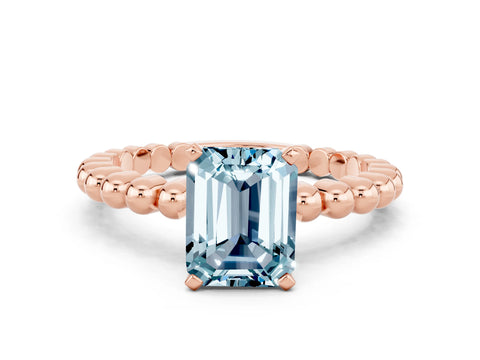 Rose gold Emerald Cut Aquamarine Solitaire Ring with Beaded Band and Prong Setting