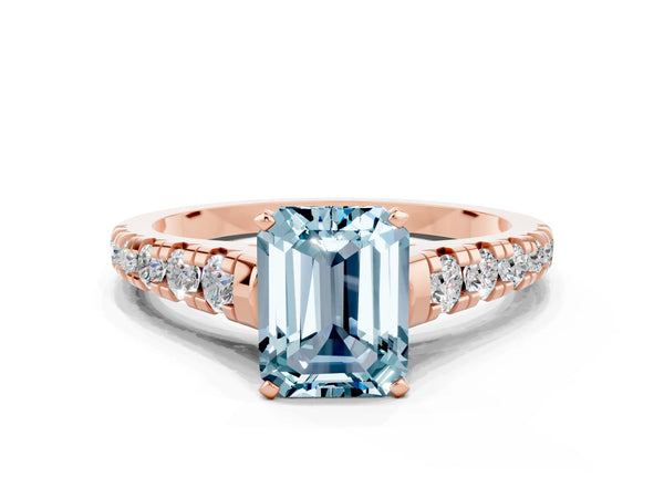 Rose gold Emerald Cut Aquamarine Cathedral Solitaire Ring with Round  Pavé Band