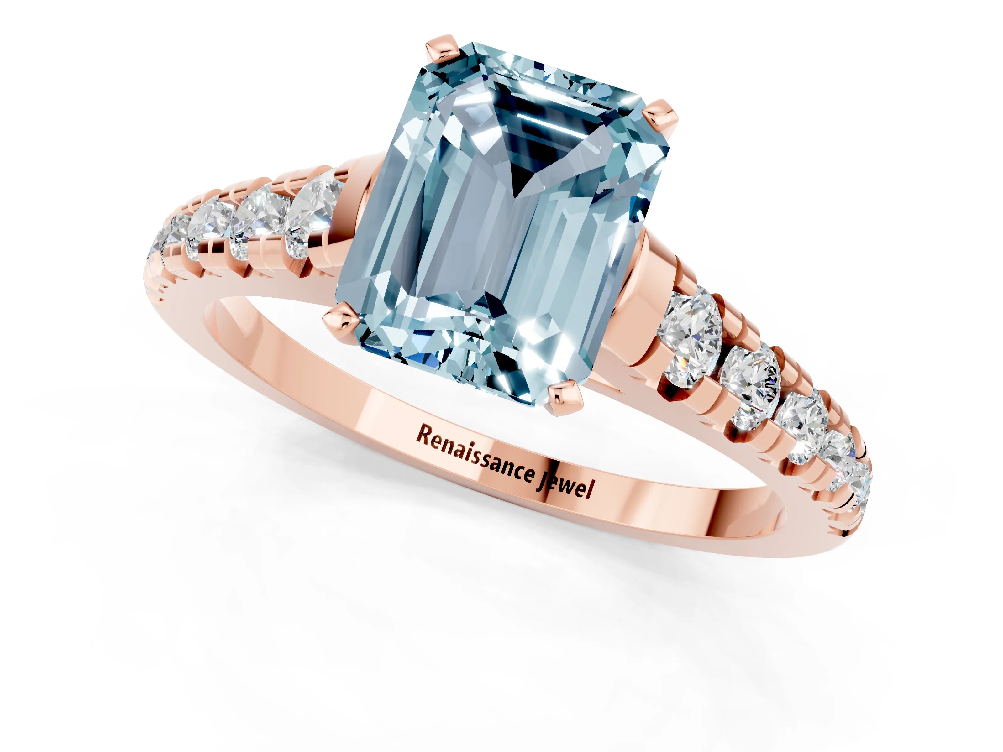 Rose gold Emerald Cut Aquamarine Solitaire Ring with Cathedral Setting and Pavé Band_1
