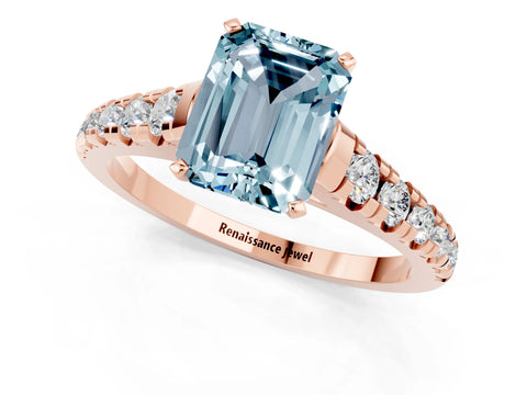 Rose gold Emerald Cut Aquamarine Solitaire Ring with Cathedral Setting and Pavé Band_1