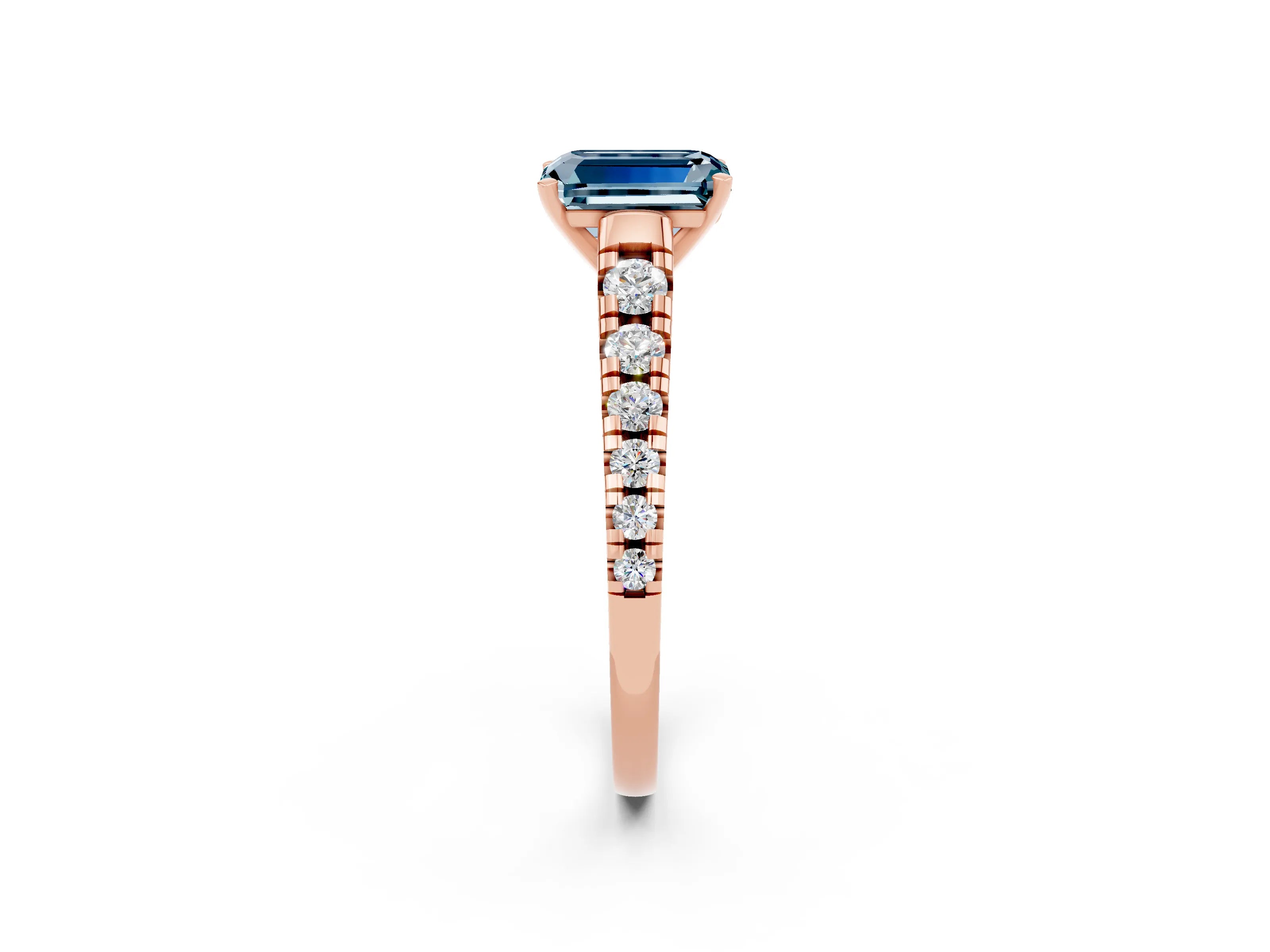 Rose gold Emerald Cut Aquamarine Solitaire Ring with Cathedral Setting and Pavé Band_2