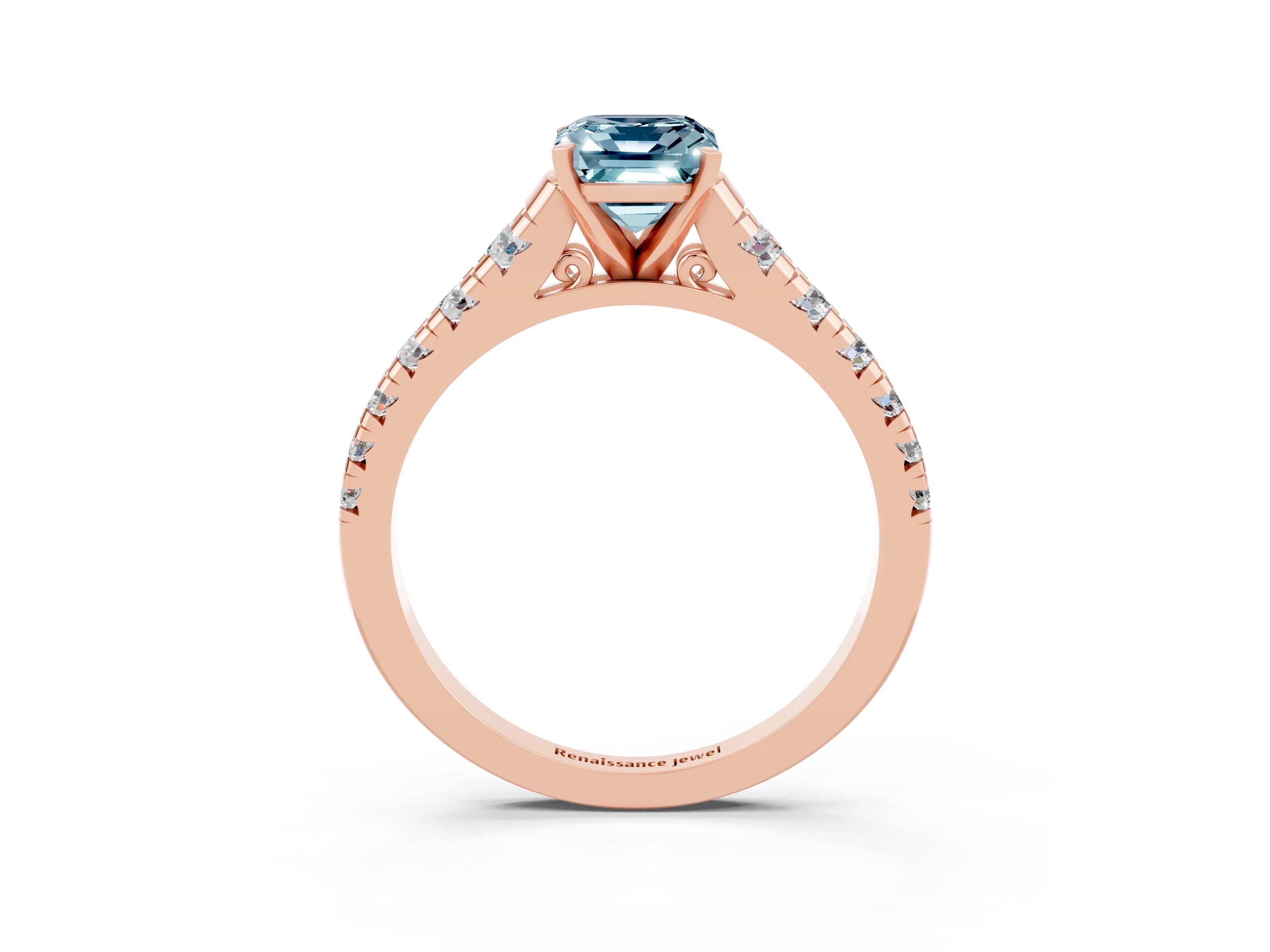 Rose gold Emerald Cut Aquamarine Solitaire Ring with Cathedral Setting and Pavé Band_3