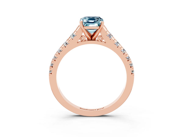 Rose gold Emerald Cut Aquamarine Cathedral Solitaire Ring with Round  Pavé Band