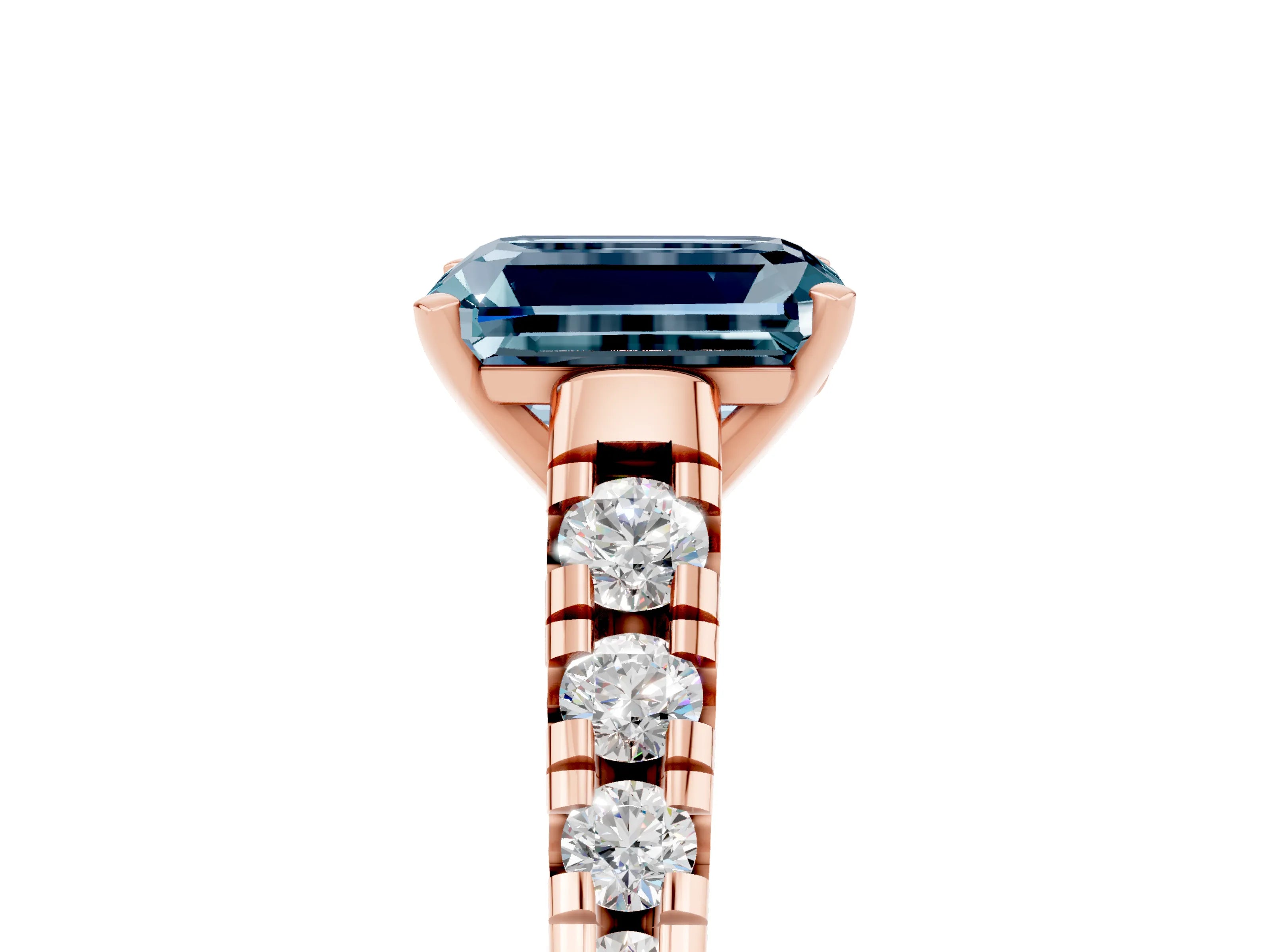 Rose gold Emerald Cut Aquamarine Solitaire Ring with Cathedral Setting and Pavé Band_5
