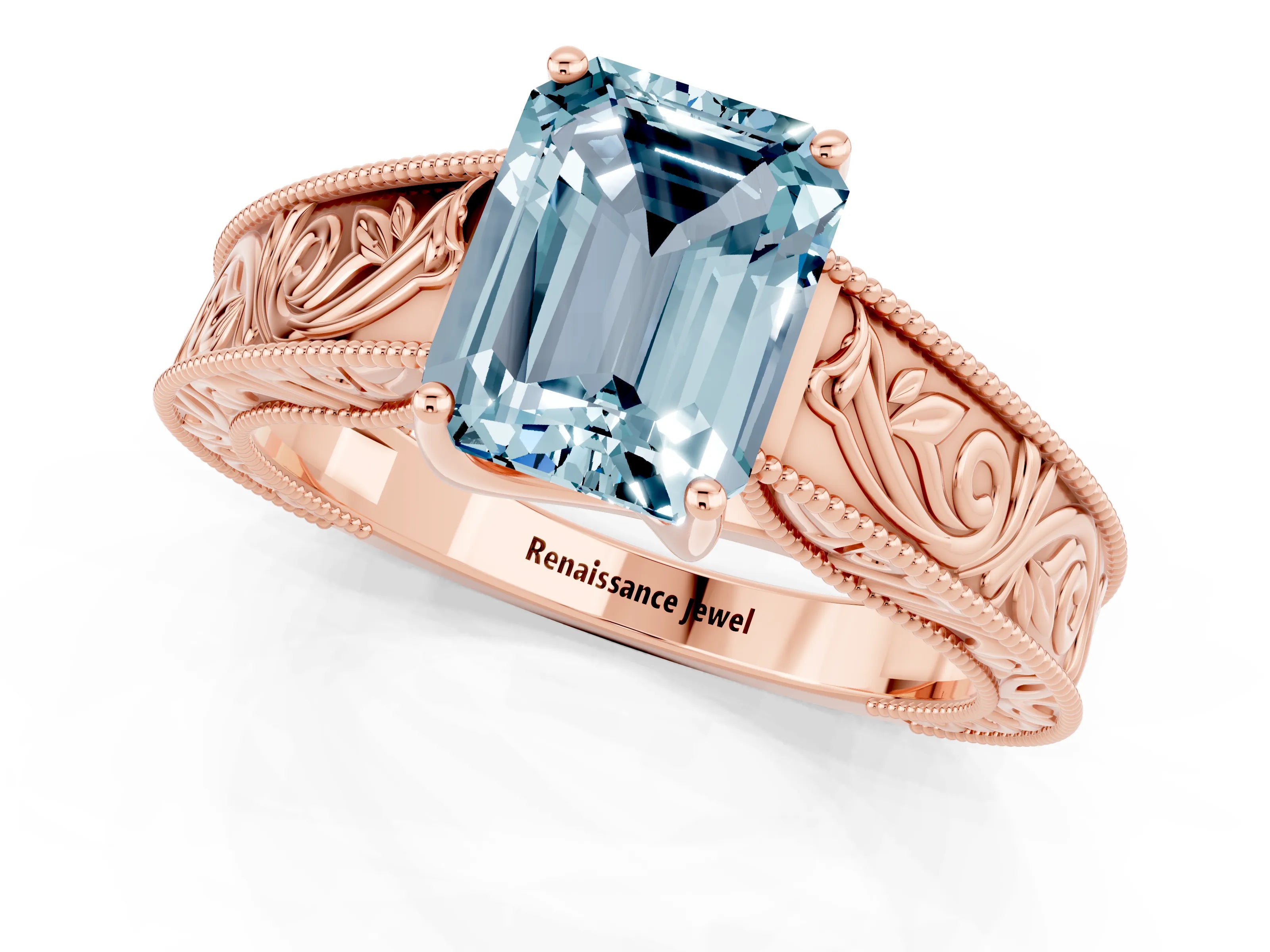 Rose gold Emerald Cut Aquamarine Solitaire Ring with Engraved Band and Four-Prong Setting_1