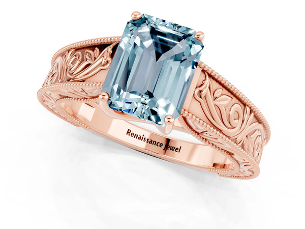Rose gold Emerald Cut Aquamarine Solitaire Ring with Engraved Band and Four-Prong Setting