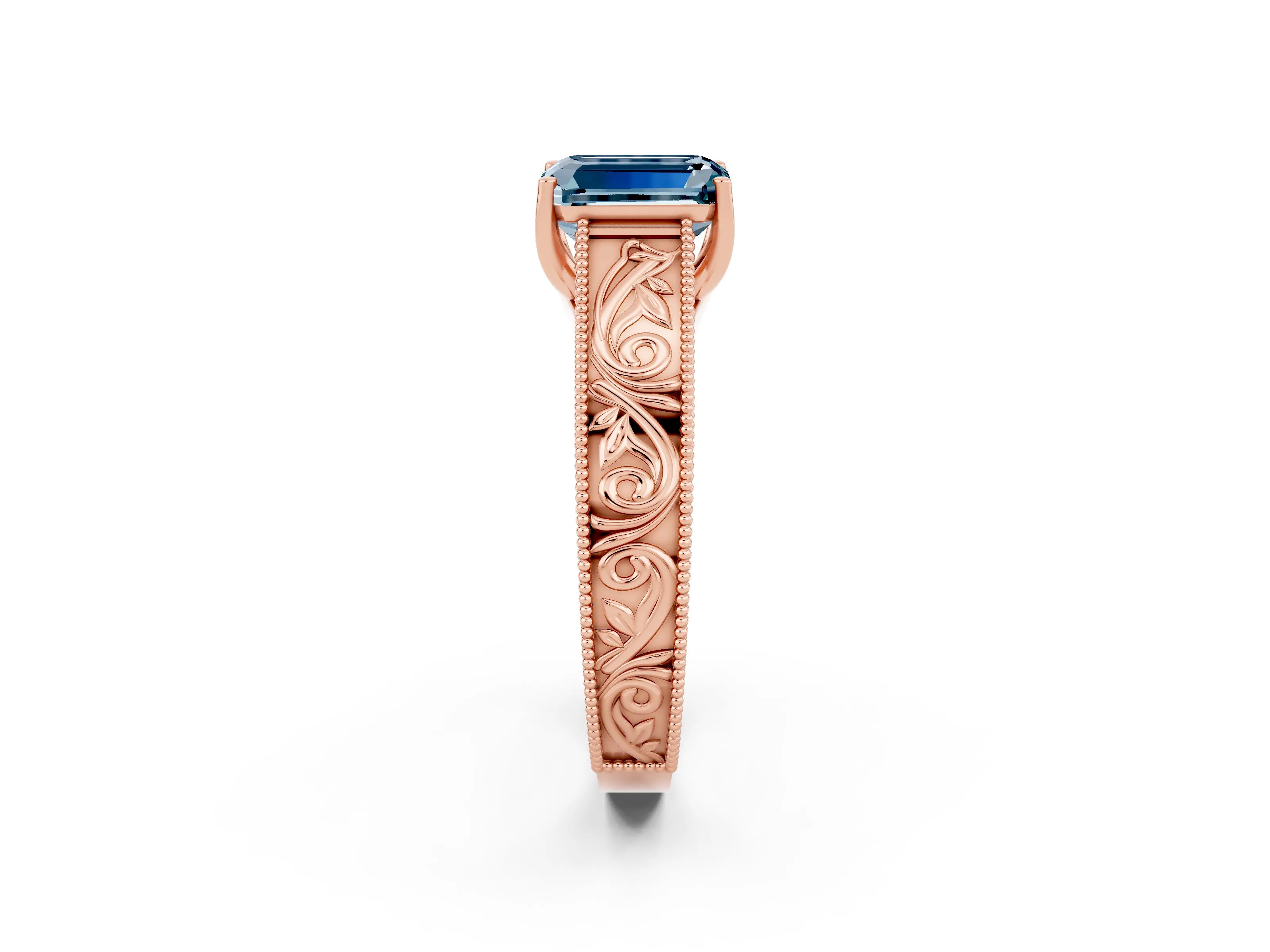 Rose gold Emerald Cut Aquamarine Solitaire Ring with Engraved Band and Four-Prong Setting_2