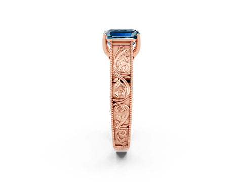 Rose gold Emerald Cut Aquamarine Solitaire Ring with Engraved Band and Four-Prong Setting_2
