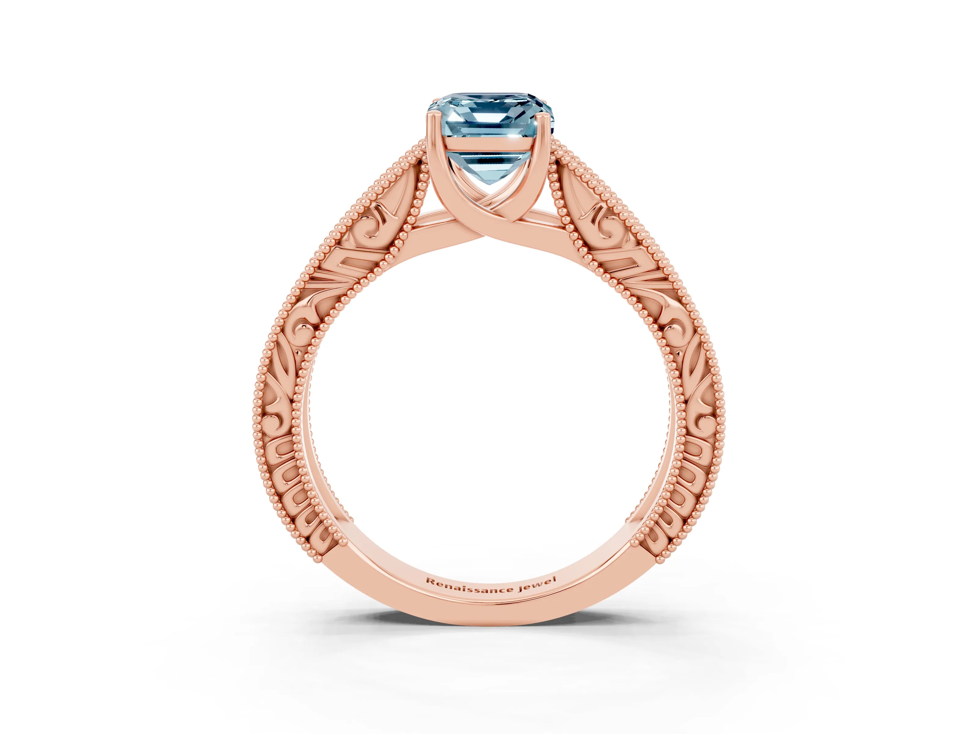 Rose gold Emerald Cut Aquamarine Solitaire Ring with Engraved Band and Four-Prong Setting_3