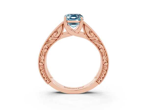 Rose gold Emerald Cut Aquamarine Solitaire Ring with Engraved Band and Four-Prong Setting
