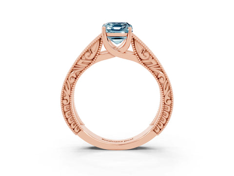 Rose gold Emerald Cut Aquamarine Solitaire Ring with Engraved Band and Four-Prong Setting_3
