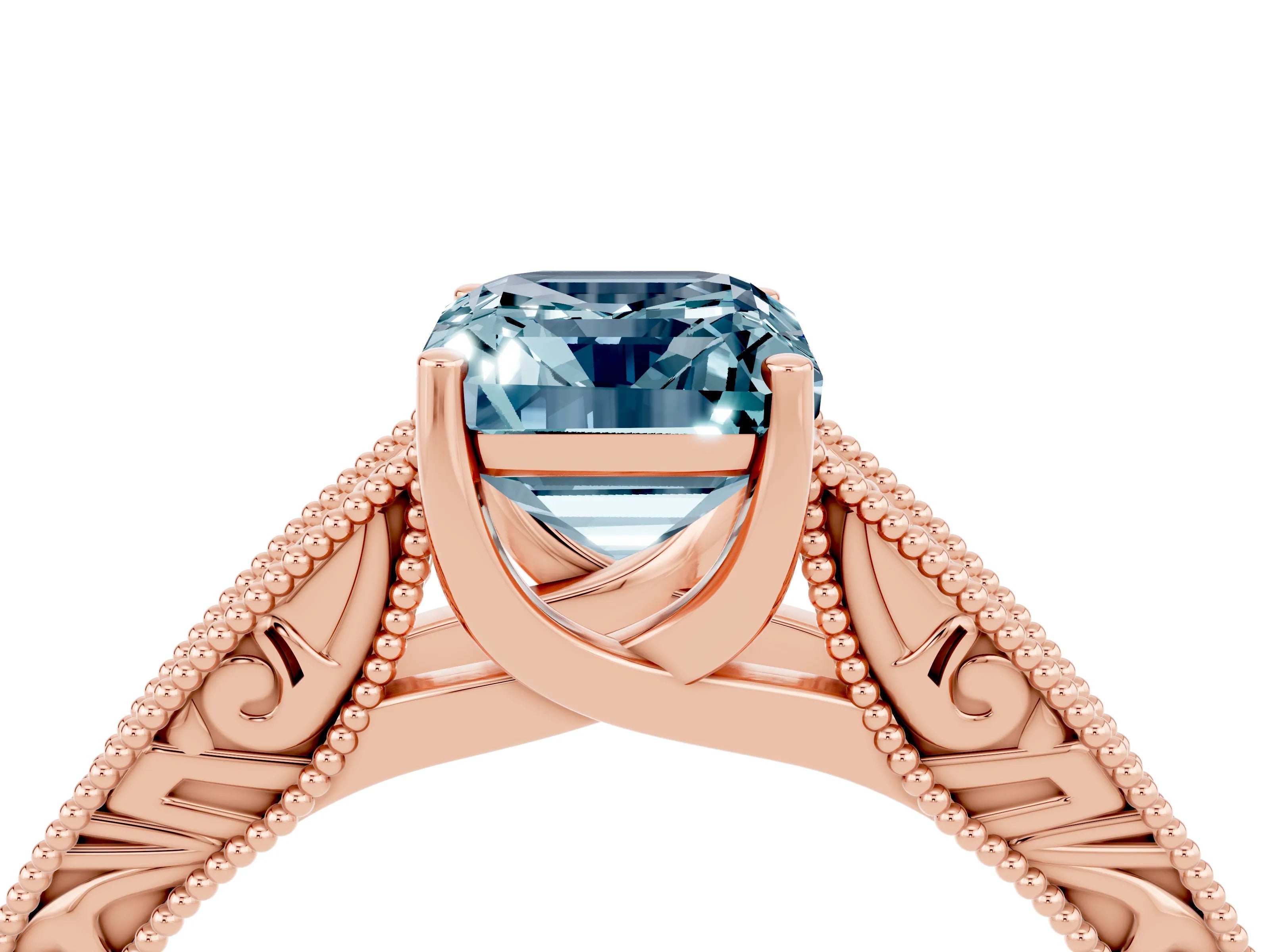 Rose gold Emerald Cut Aquamarine Solitaire Ring with Engraved Band and Four-Prong Setting_4