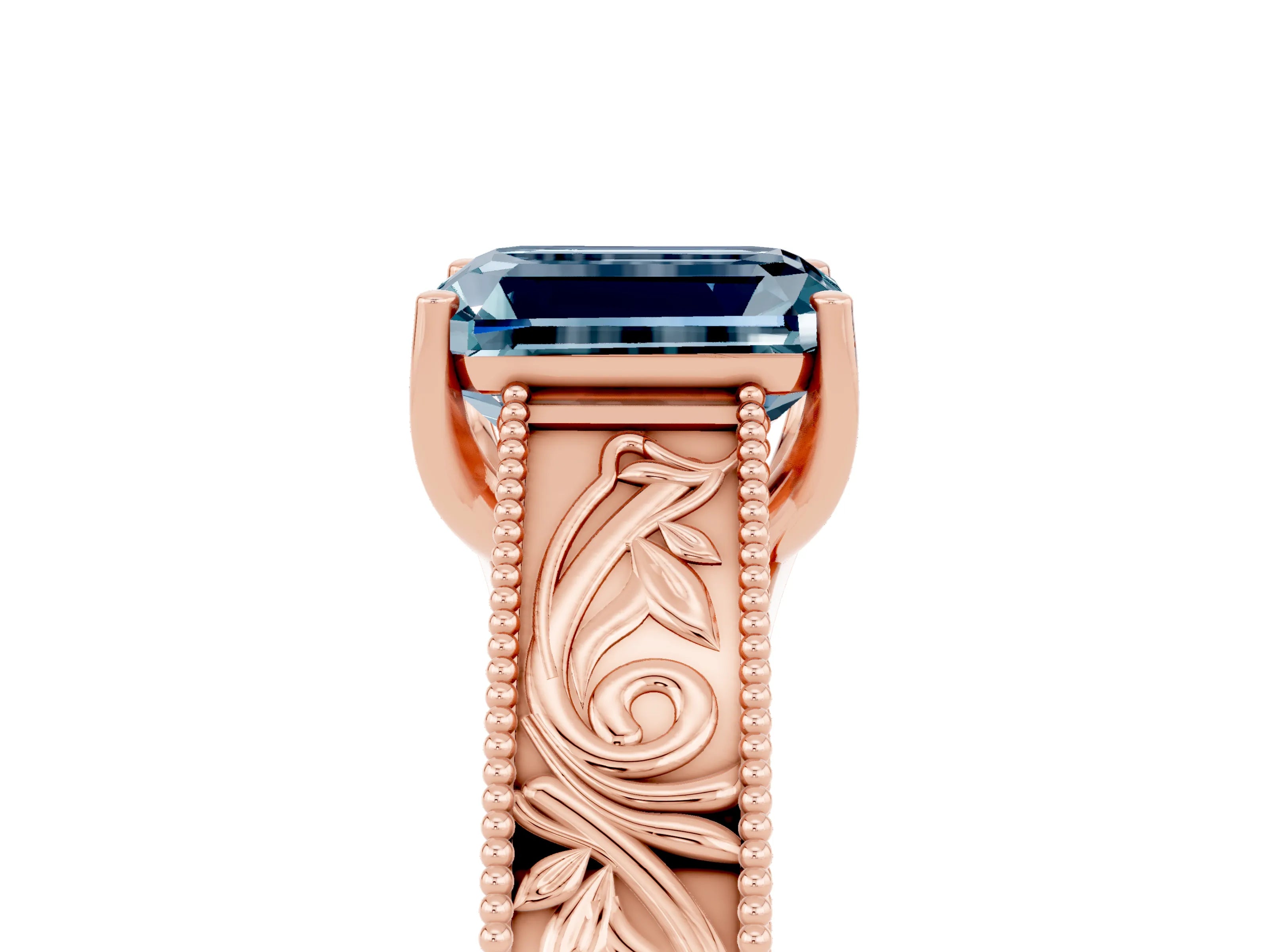 Rose gold Emerald Cut Aquamarine Solitaire Ring with Engraved Band and Four-Prong Setting_5