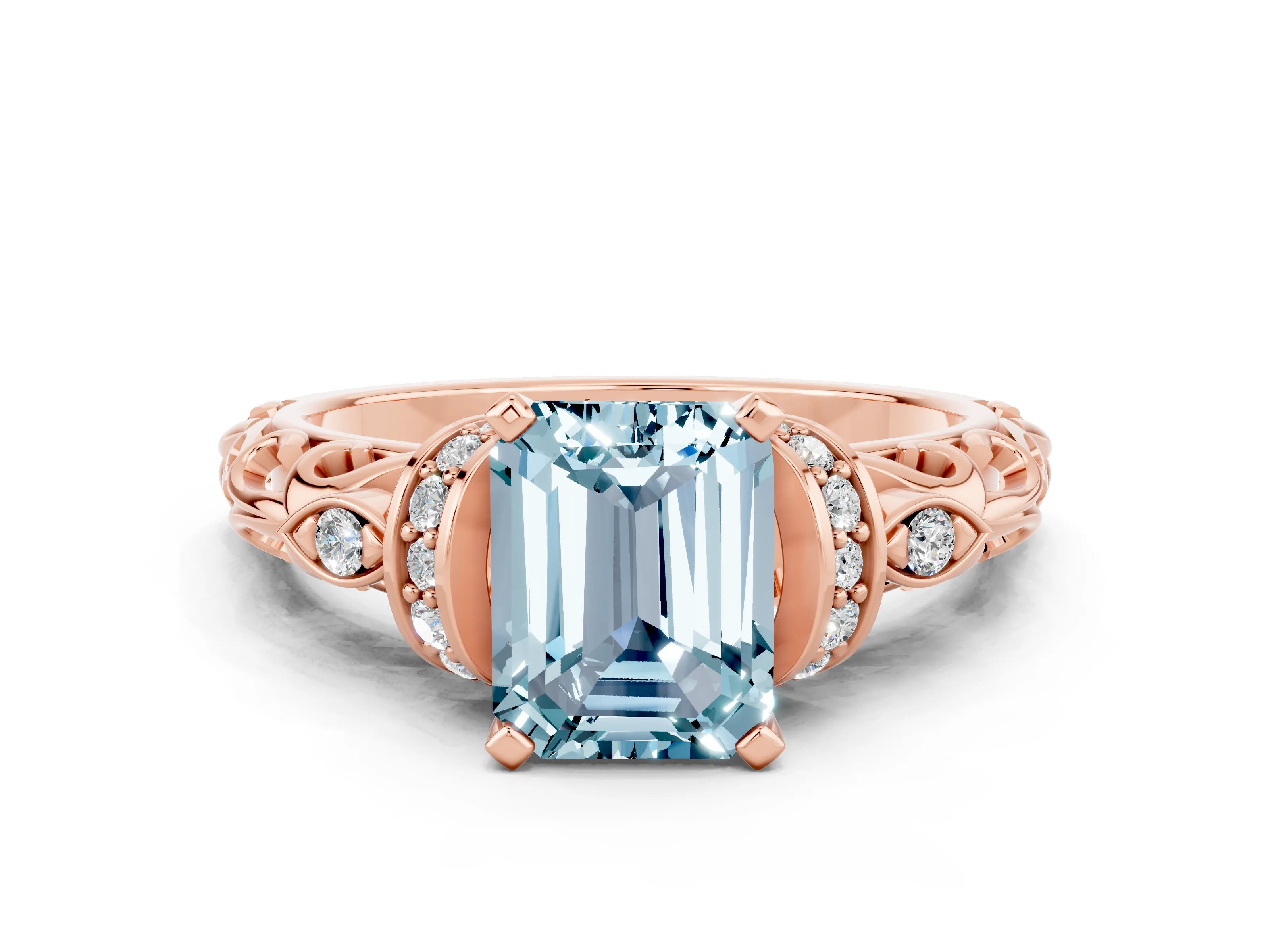 Rose gold Emerald Cut Aquamarine Solitaire Ring with Filigree Band and Four-Prong Setting_24
