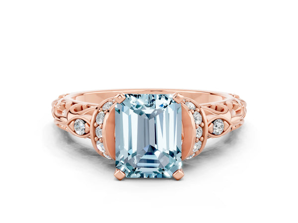 Rose gold Emerald Cut Aquamarine Solitaire Ring with Filigree Band and Four-Prong Setting