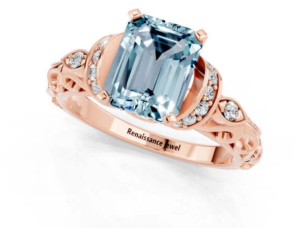 Rose gold Emerald Cut Aquamarine Solitaire Ring with Filigree Band and Four-Prong Setting