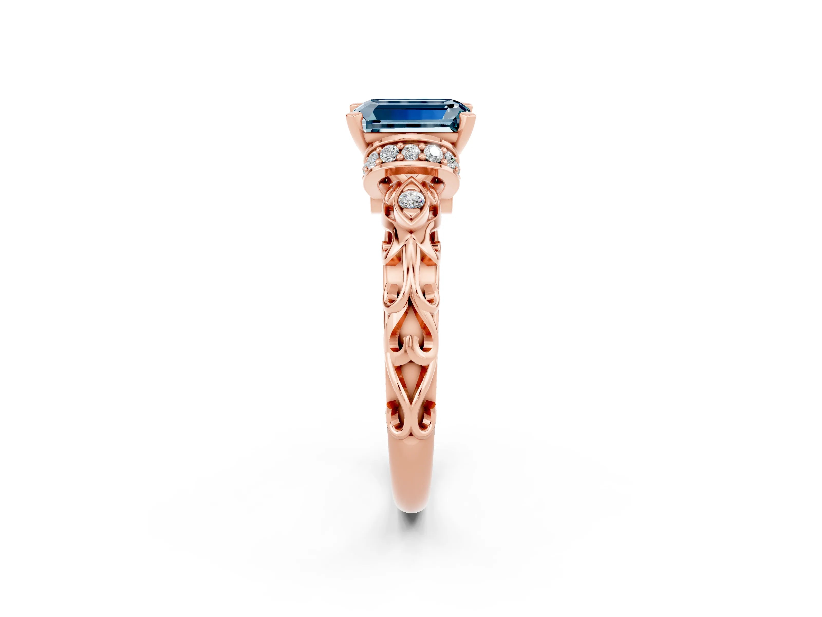 Rose gold Emerald Cut Aquamarine Solitaire Ring with Filigree Band and Four-Prong Setting_26