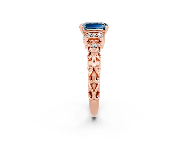 Rose gold Emerald Cut Aquamarine Solitaire Ring with Filigree Band and Four-Prong Setting