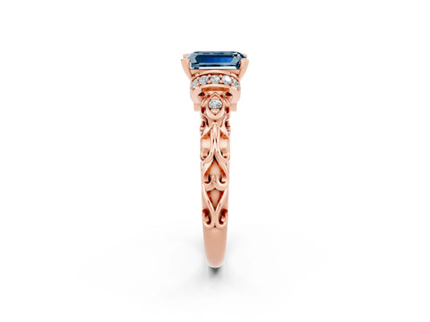 Rose gold Emerald Cut Aquamarine Solitaire Ring with Filigree Band and Four-Prong Setting_26