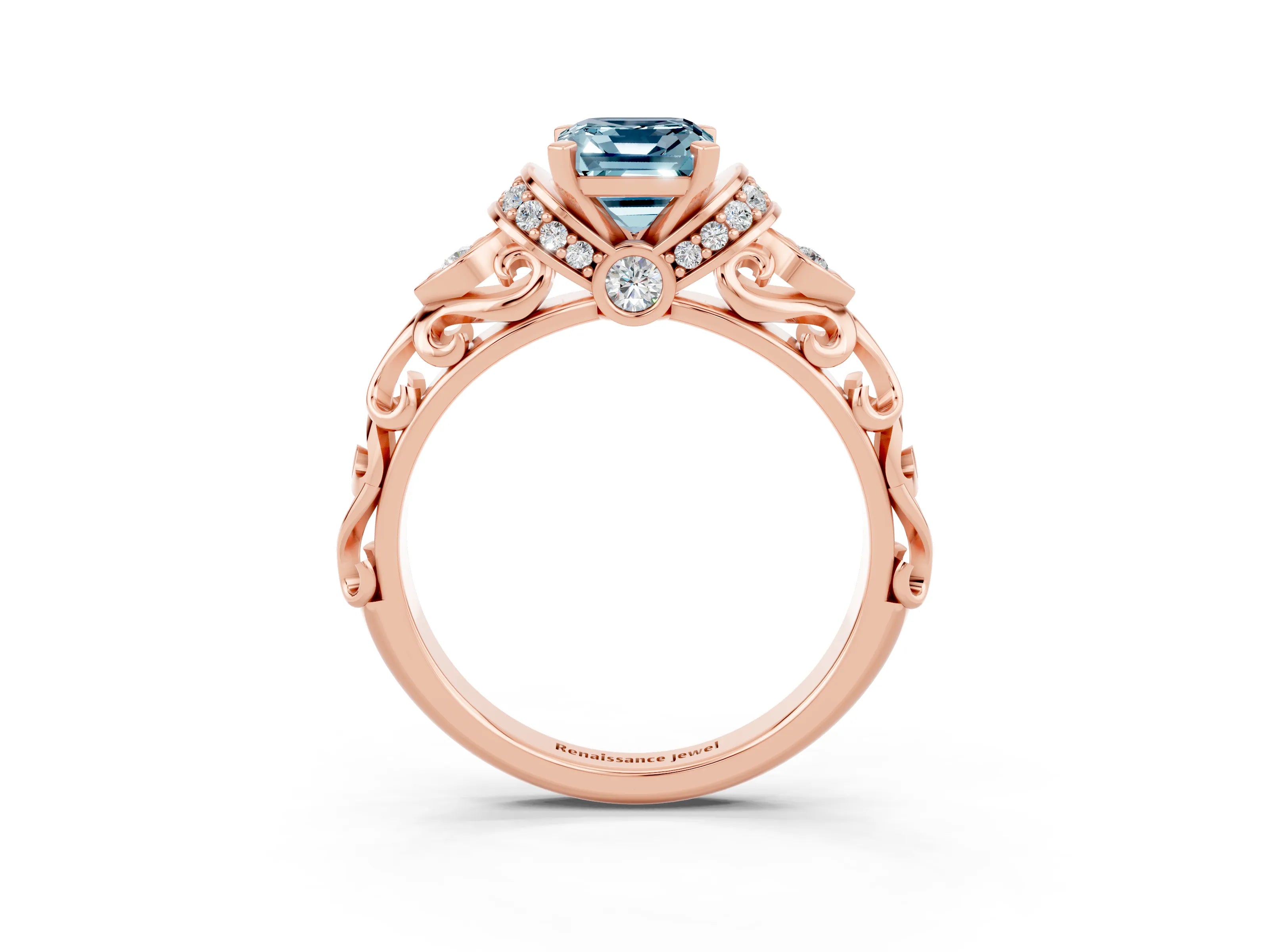 Rose gold Emerald Cut Aquamarine Solitaire Ring with Filigree Band and Four-Prong Setting_27