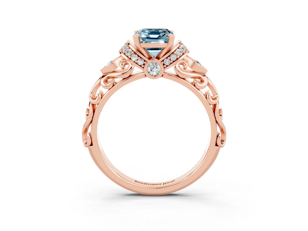 Rose gold Emerald Cut Aquamarine Solitaire Ring with Filigree Band and Four-Prong Setting