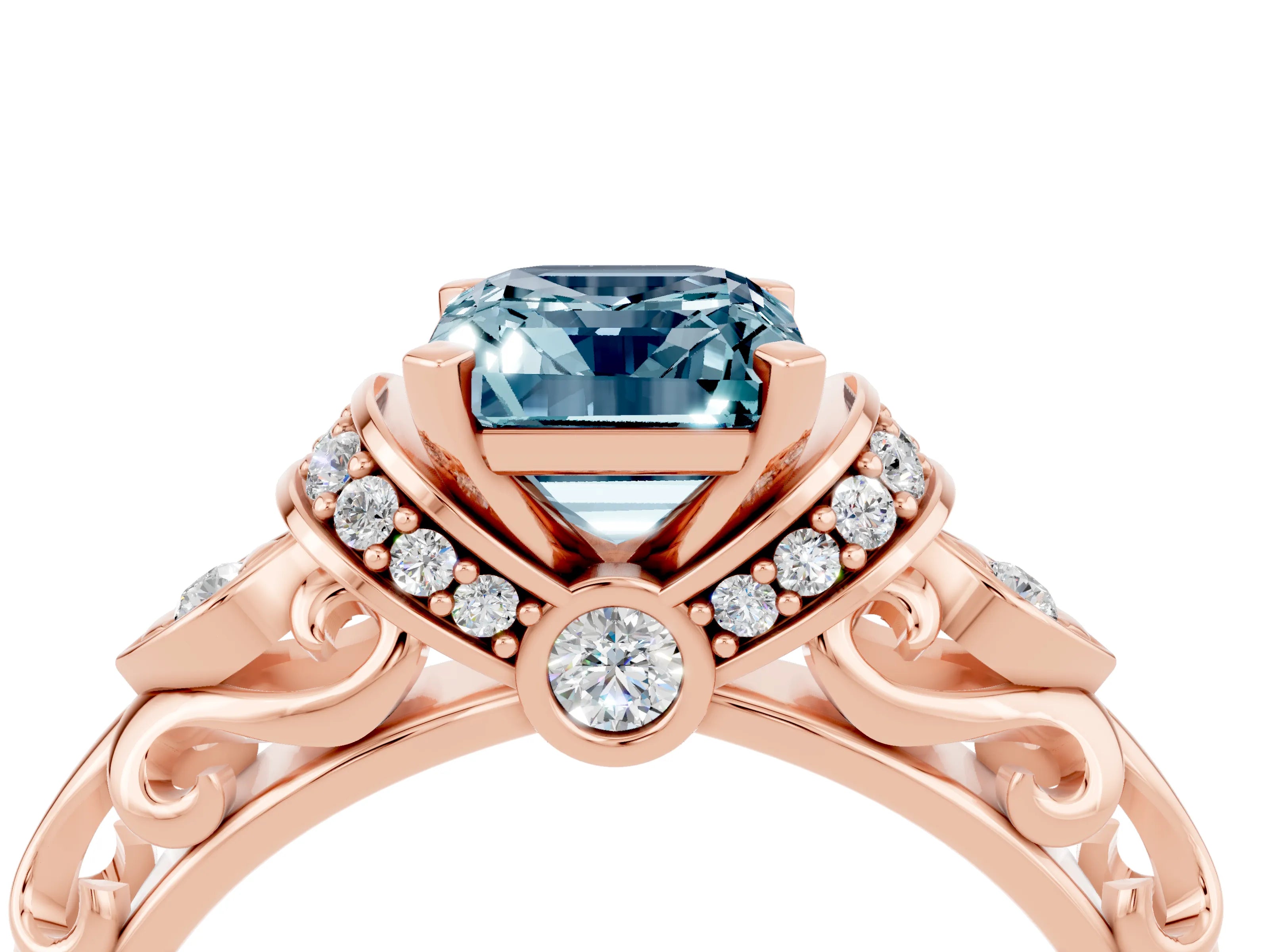 Rose gold Emerald Cut Aquamarine Solitaire Ring with Filigree Band and Four-Prong Setting_28