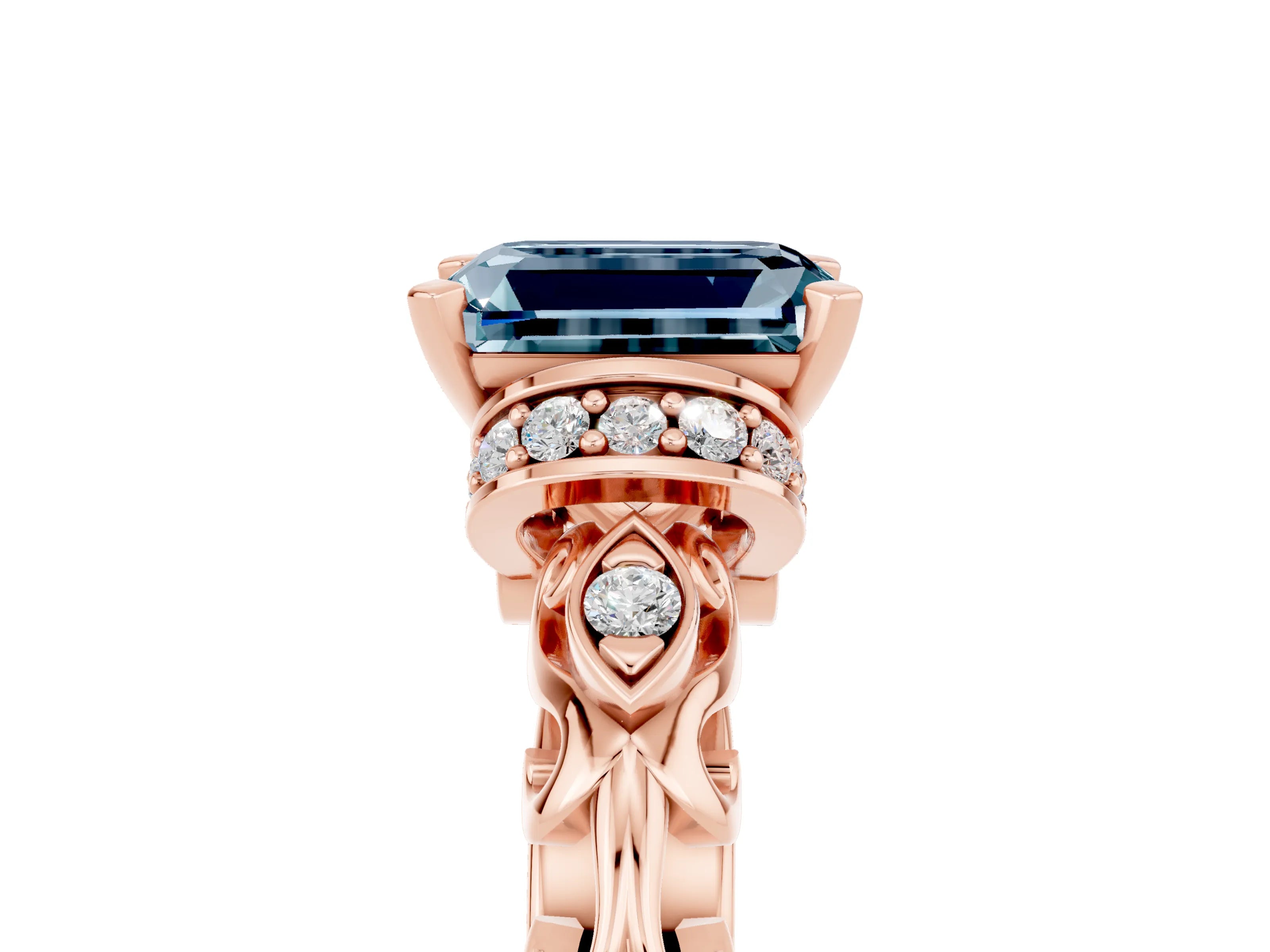 Rose gold Emerald Cut Aquamarine Solitaire Ring with Filigree Band and Four-Prong Setting_29