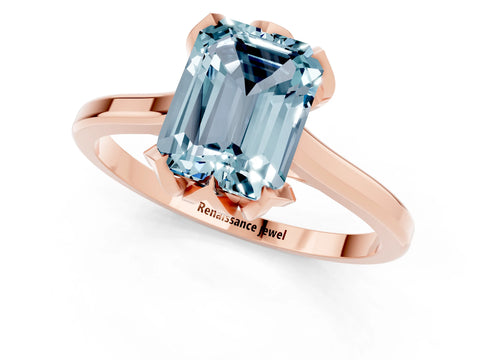 Rose gold Emerald Cut Aquamarine Solitaire Ring with Flower Prong Setting and Classic Band_13