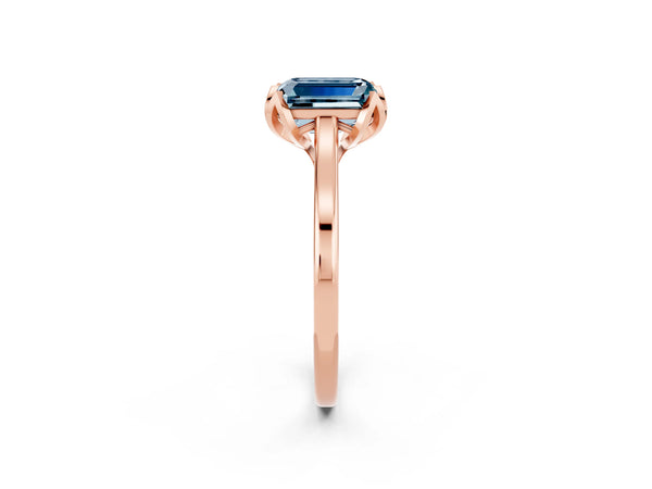 Rose gold Emerald Cut Aquamarine Solitaire Ring with Flower Prong Setting and Classic Band