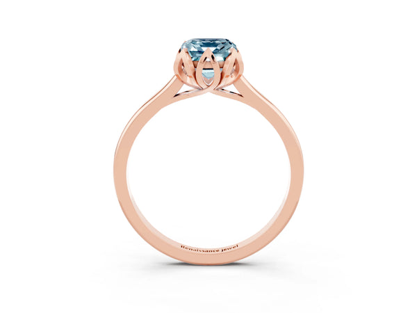 Rose gold Emerald Cut Aquamarine Solitaire Ring with Flower Prong Setting and Classic Band