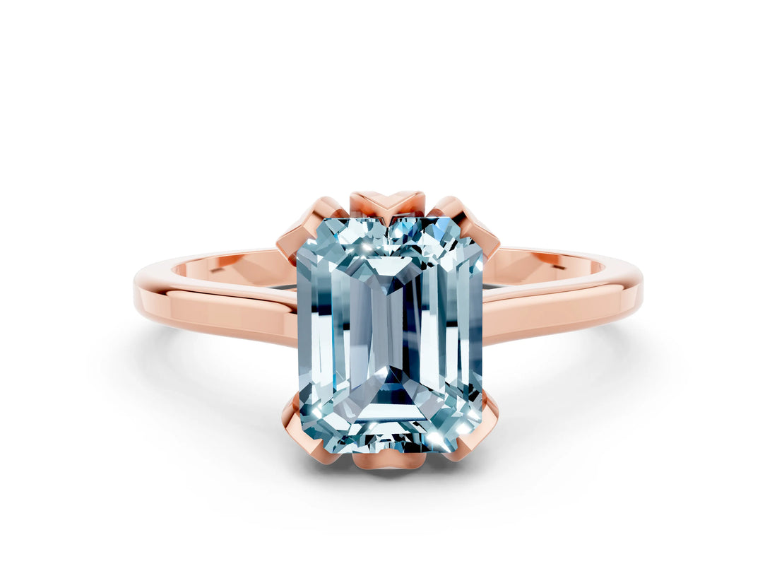 Rose gold Emerald Cut Aquamarine Solitaire Ring with Flower Prong Setting and Classic Band_37