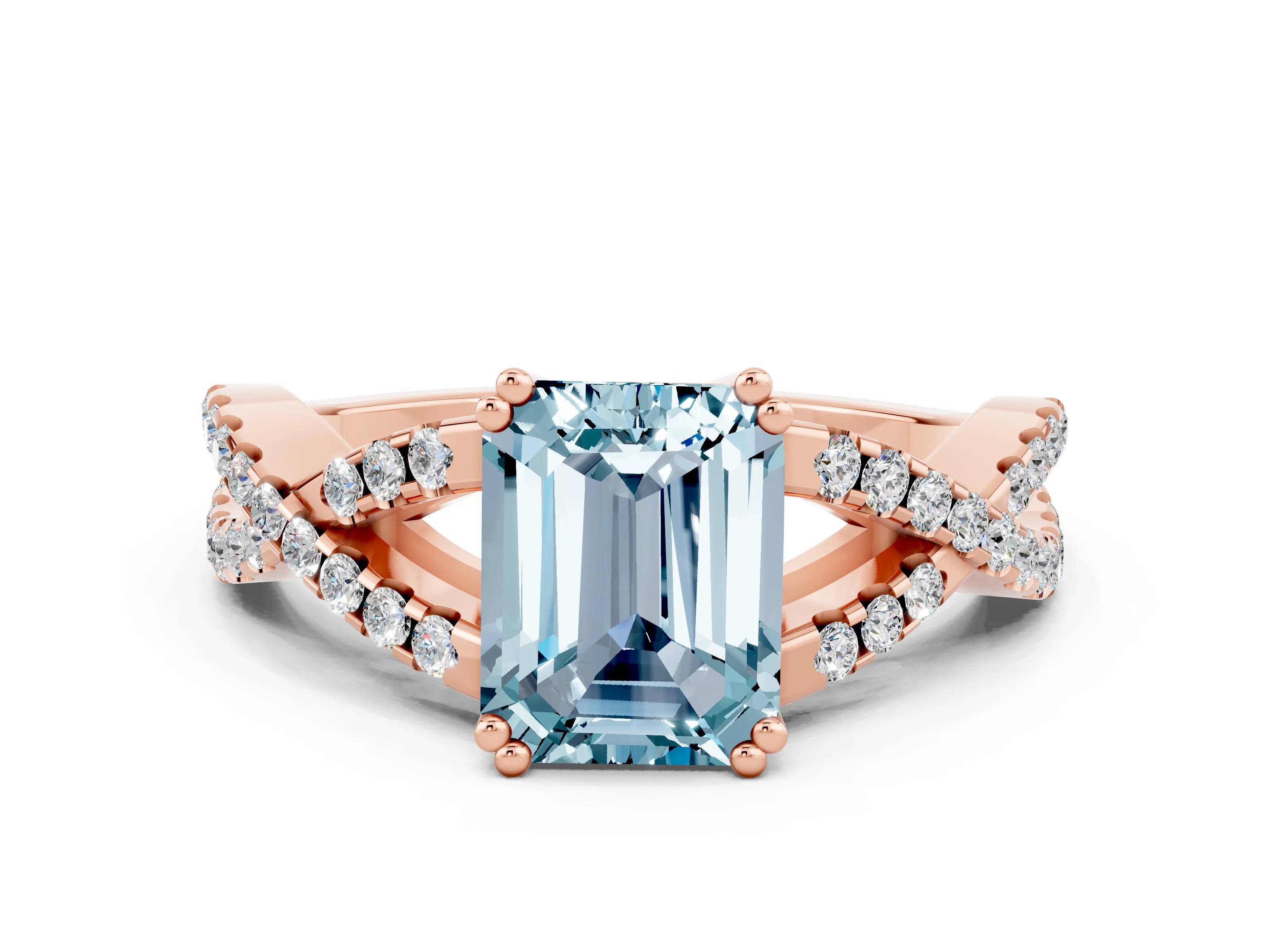 Rose gold Emerald Cut Aquamarine Solitaire Ring with Four-Prong Setting and Twisted Pavé Band