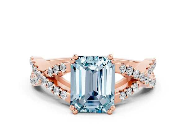 Rose gold Emerald Cut Aquamarine Solitaire Ring with Four-Prong Setting and Twisted Pavé Band