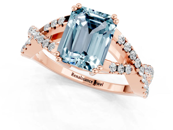 Rose gold Emerald Cut Aquamarine Solitaire Ring with Four-Prong Setting and Twisted Pavé Band