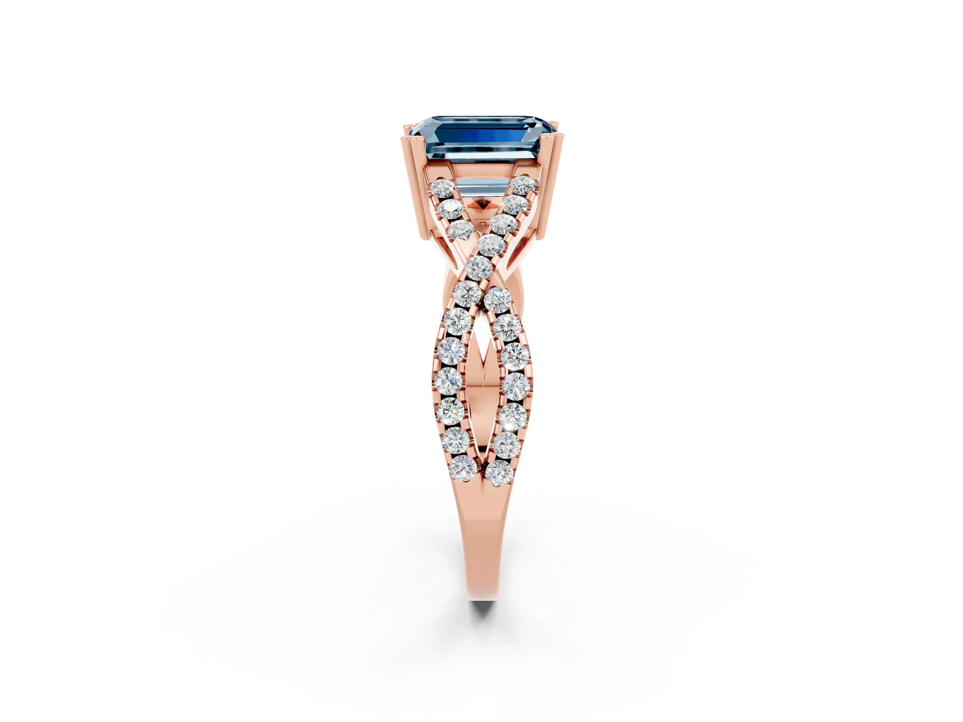 Rose gold Emerald Cut Aquamarine Solitaire Ring with Four-Prong Setting and Twisted Pavé Band_2