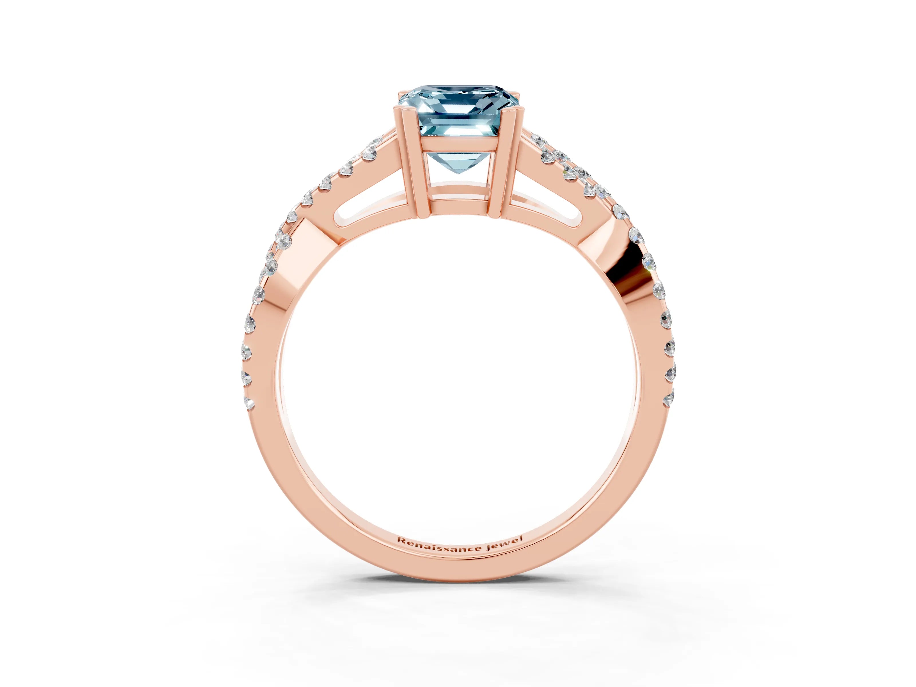 Rose gold Emerald Cut Aquamarine Solitaire Ring with Four-Prong Setting and Twisted Pavé Band_3