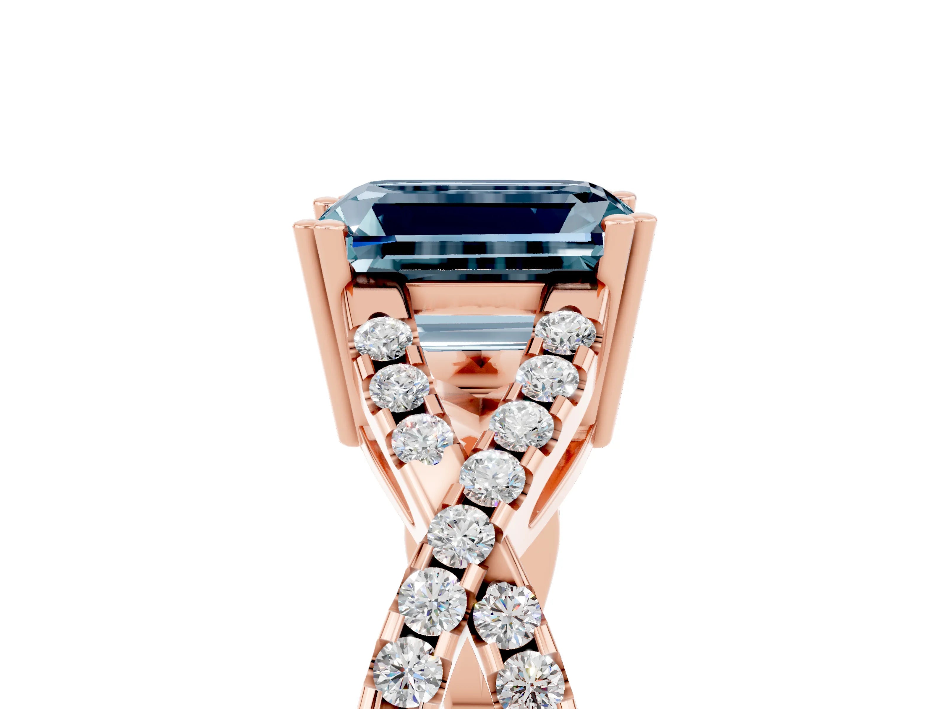 Rose gold Emerald Cut Aquamarine Solitaire Ring with Four-Prong Setting and Twisted Pavé Band_5