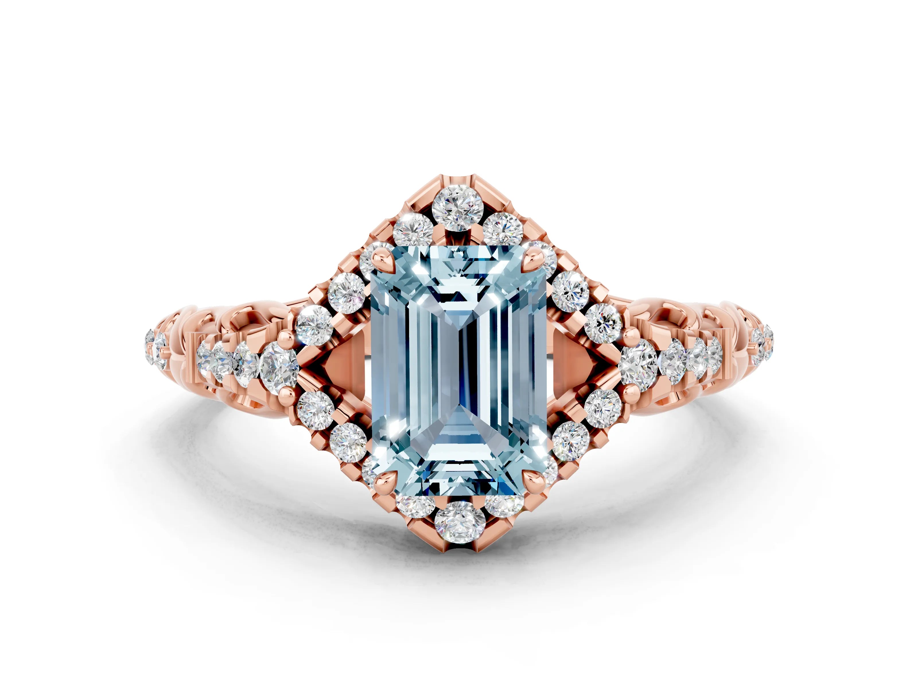 Rose gold Emerald Cut Aquamarine Solitaire Ring with Hidden Halo and Pavé Band_12