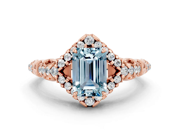 Rose gold Emerald Cut Aquamarine Solitaire Ring with Hidden Halo and Pavé Band