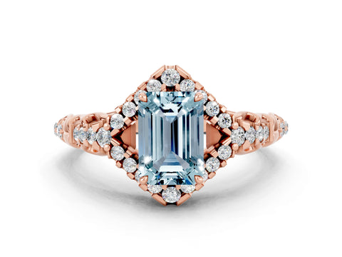 Rose gold Emerald Cut Aquamarine Solitaire Ring with Hidden Halo and Pavé Band_12