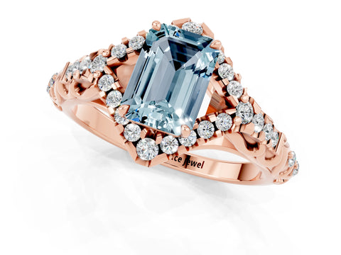 Rose gold Emerald Cut Aquamarine Solitaire Ring with Hidden Halo and Pavé Band_13