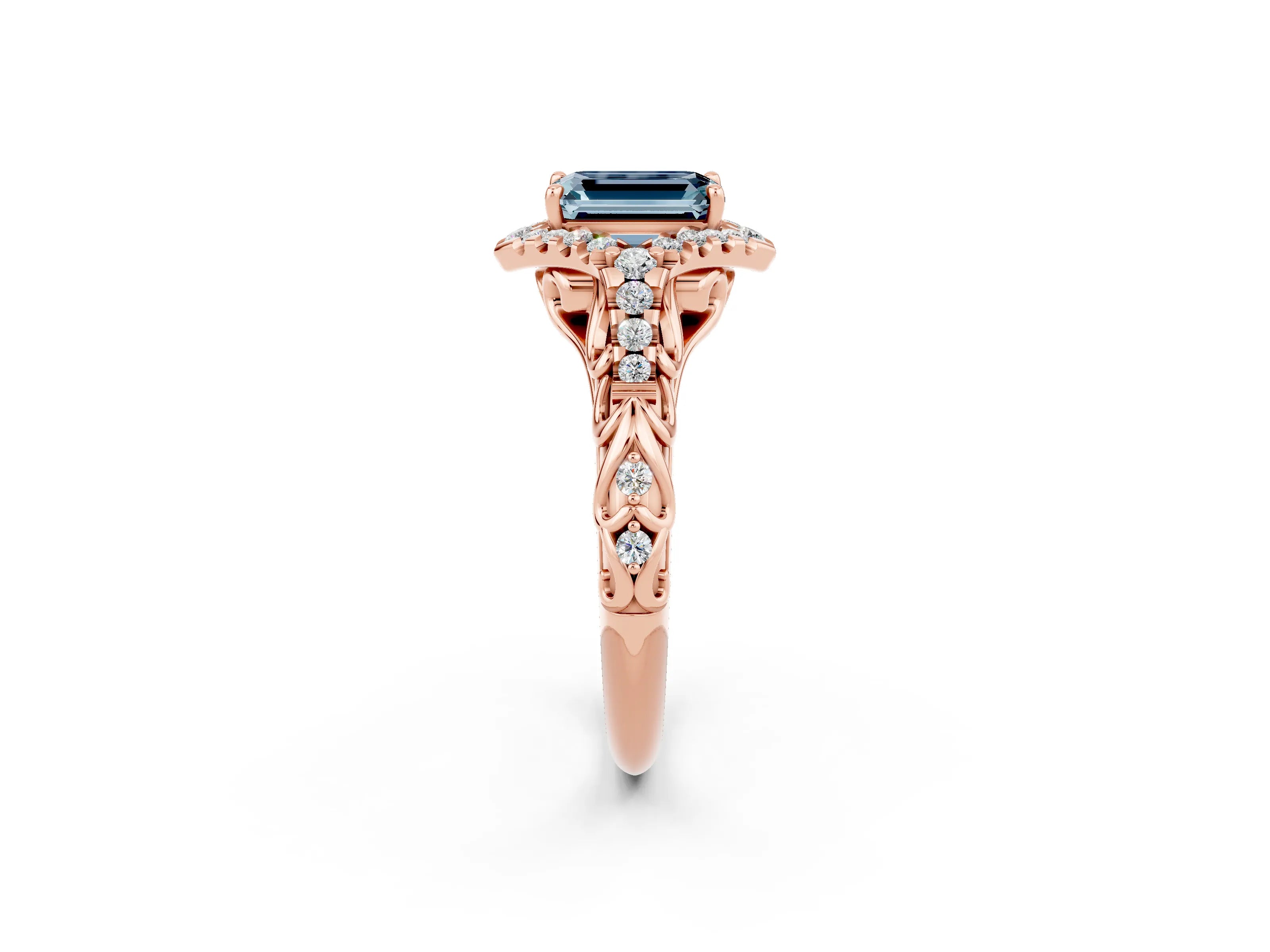 Rose gold Emerald Cut Aquamarine Solitaire Ring with Hidden Halo and Pavé Band_14